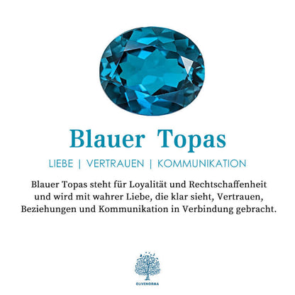Blauer Topas Edelstein, rund, symbolisiert Liebe, Vertrauen, Kommunikation, Schmuckstein.