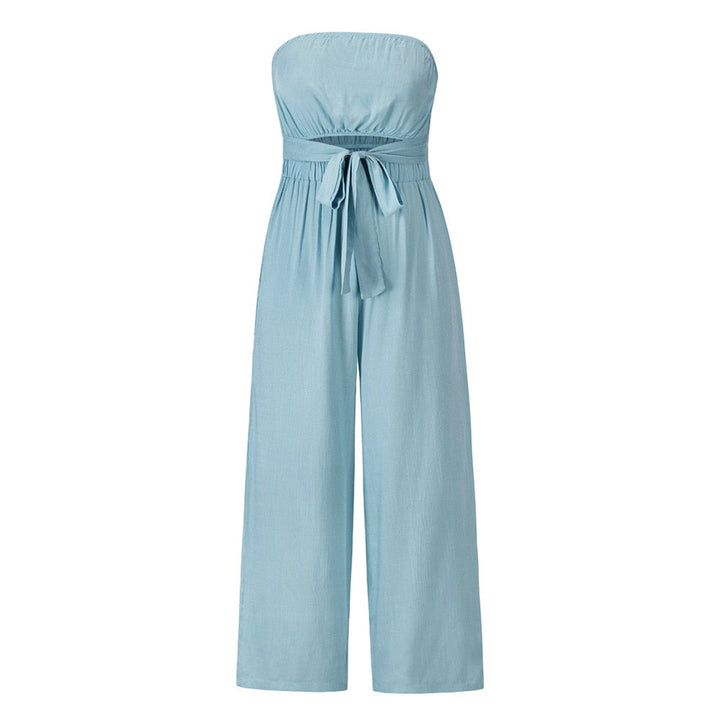 Blauer trägerloser Jumpsuit aus Baumwolle, Damenmode, Sommerkleidung, elegant und bequem.