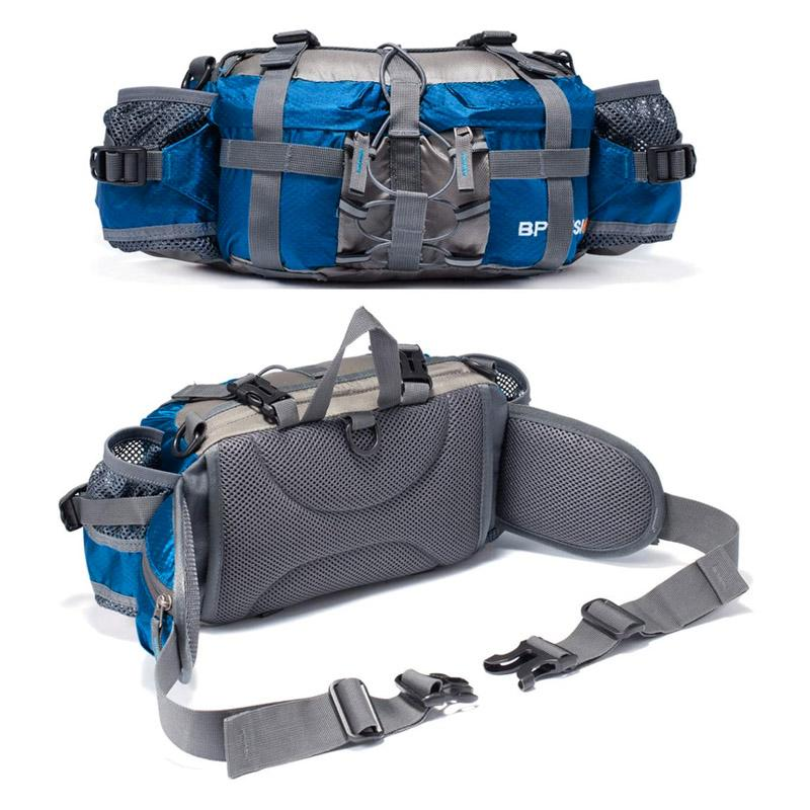 Blauer wasserdichter Wanderrucksack mit mehreren Taschen und verstellbaren Gurten.