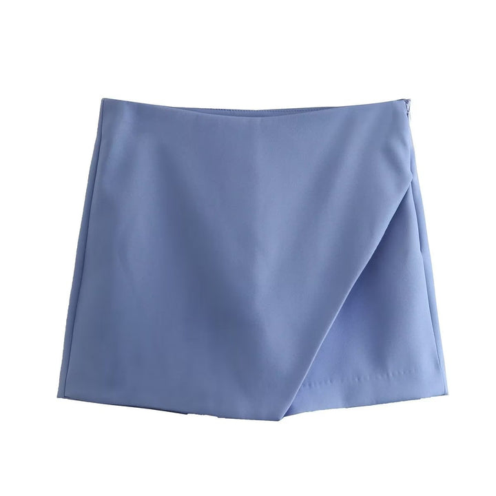Blauer Minirock aus Baumwolle, asymmetrisches Design, Damenmode, Sommerkleidung, elegant.