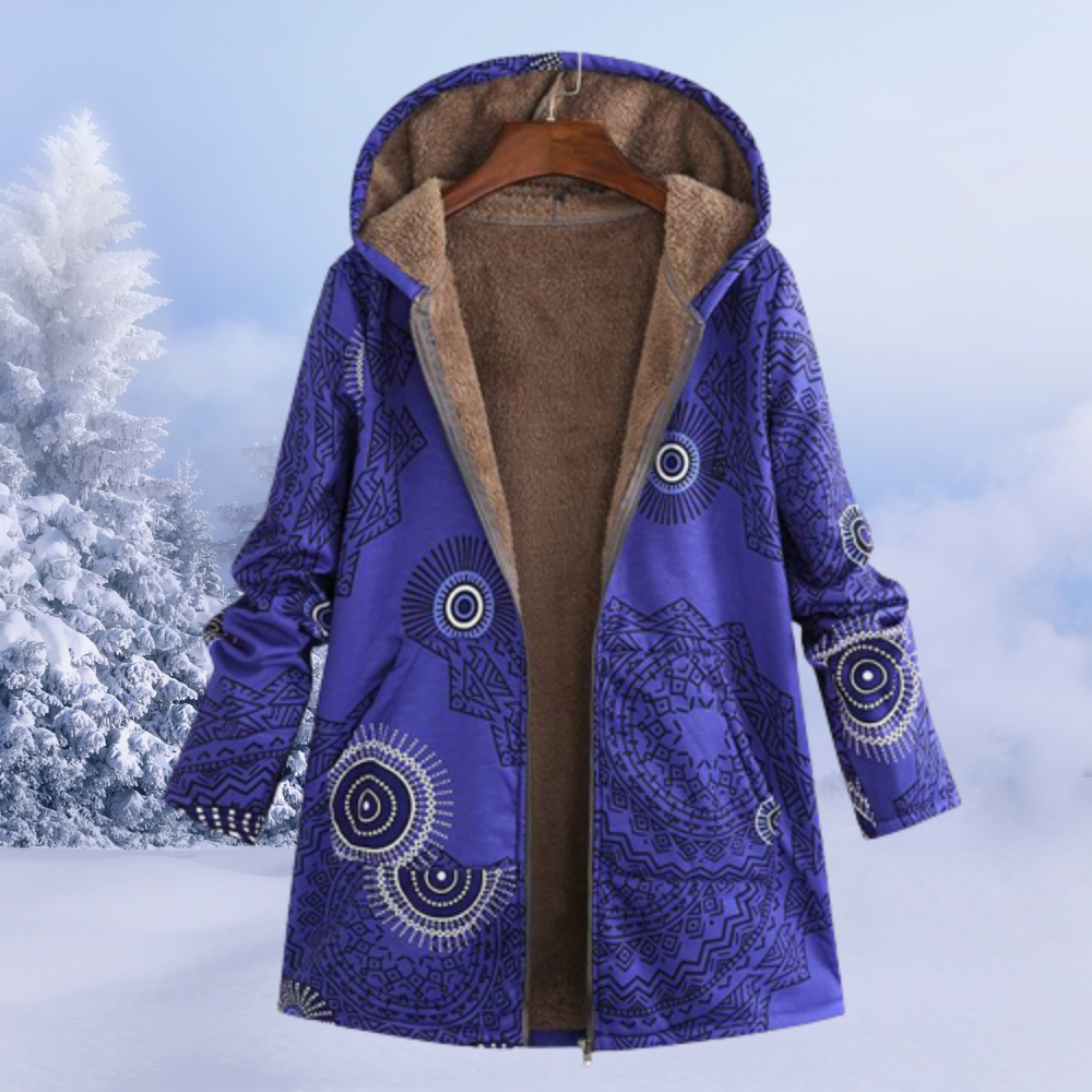 Blauer Damen-Wintermantel mit Kapuze, ethnisches Muster, warmes Futter, Wintermode.