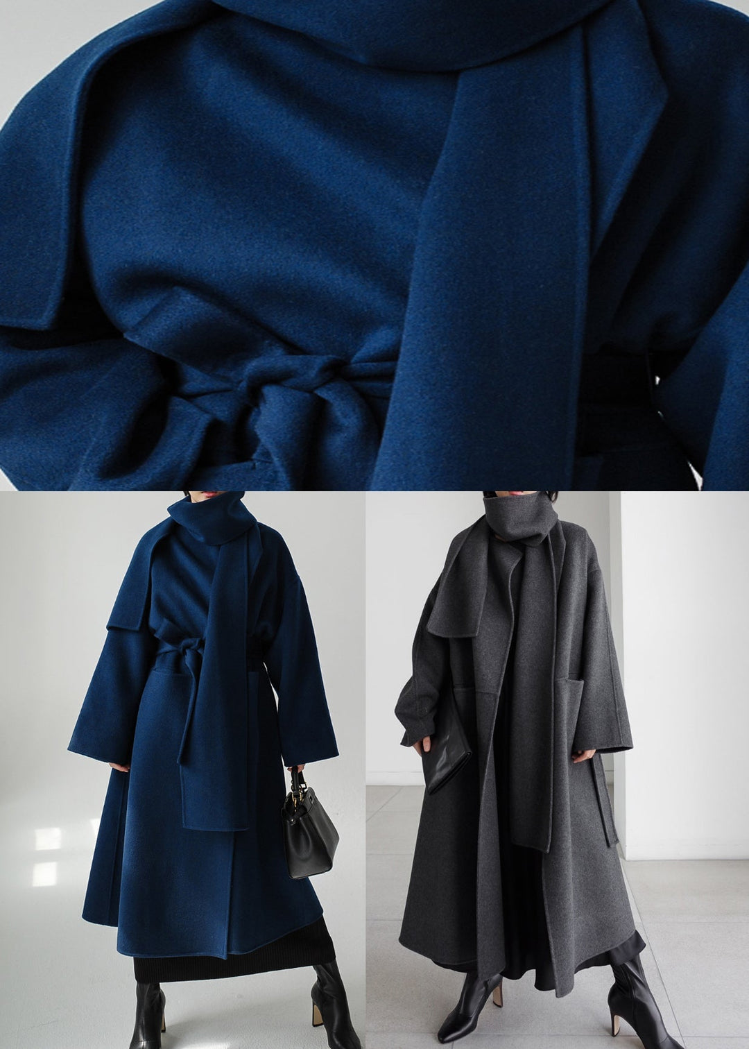 Damen Wollmantel blau, tailliert, mit Gürtel, lange Ärmel, eleganter Wintermantel.