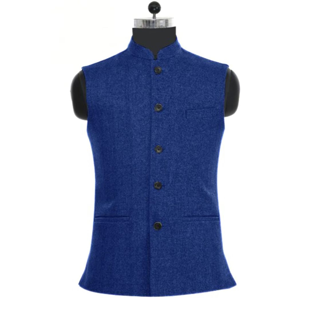 Blaue Herrenweste, ärmellos, Stehkragen, Knopfleiste, elegantes Design, formelle Kleidung.