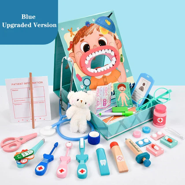 Blaues Arztkoffer-Set für Kinder, Spielzeug, Zahnarzt, Stethoskop, Spritze, Plüschbär.