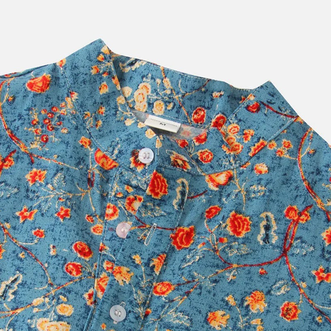 Blaues Hemd mit Blumenmuster, Stehkragen, Knopfleiste, Baumwolle, modisch, elegant