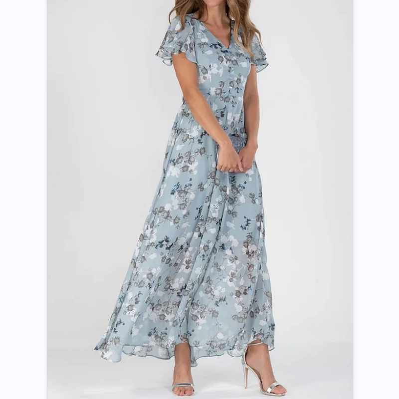 Frau in langem, blauem Blumenkleid, V-Ausschnitt, Sommermode, elegante Damenbekleidung