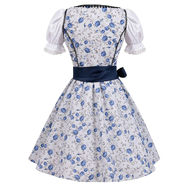 Blau-weißes Dirndlkleid mit Blumenmuster, Puffärmeln und Schleife, traditionell, elegant.