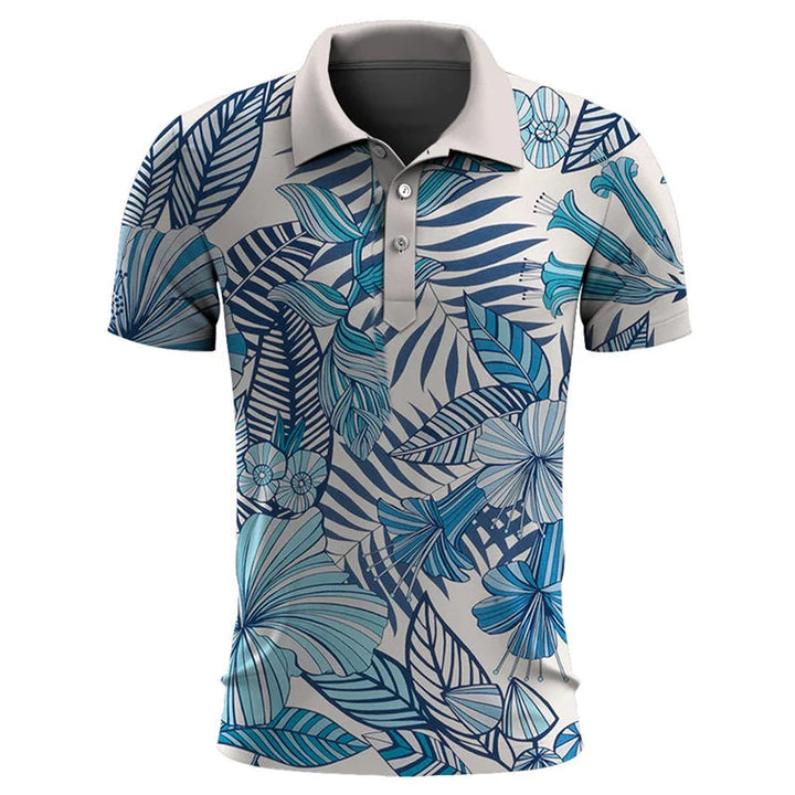 Herren-Poloshirt mit blauem tropischem Muster, kurzärmelig, Baumwolle, Freizeitmode.