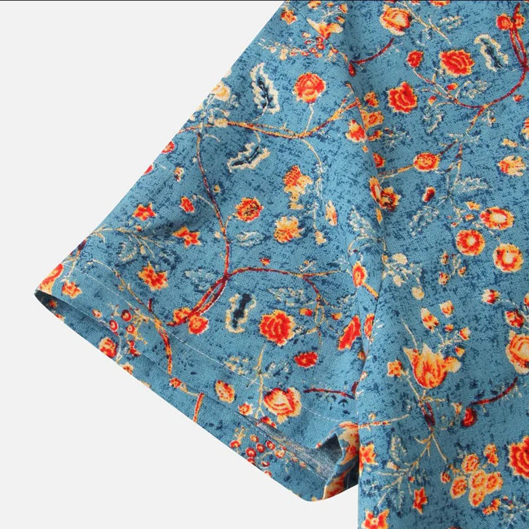 Blaues T-Shirt mit floralem Muster, Baumwolle, kurzärmelig, modisch, Damenbekleidung.