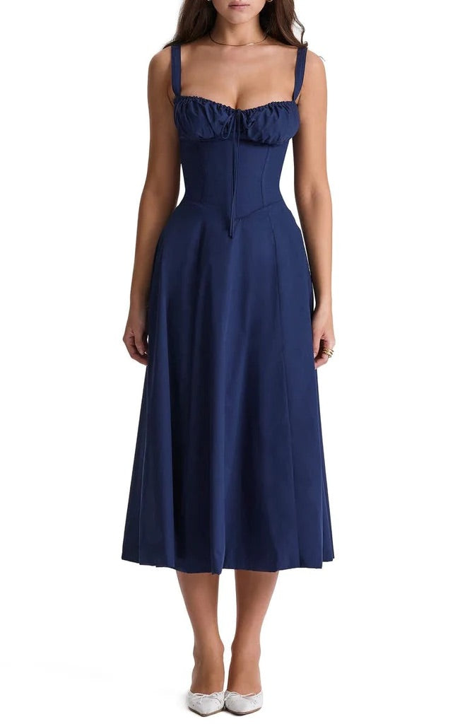 Dunkelblaues Bustier-Sommerkleid, ärmellos, knielang, elegantes Design, Damenmode.