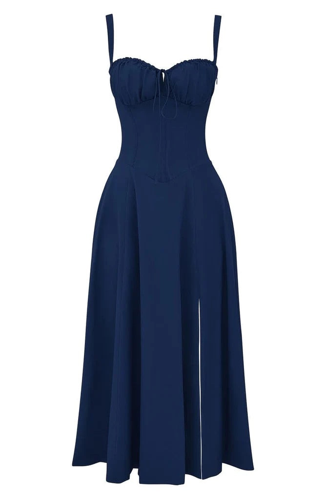 Dunkelblaues Bustier-Sommerkleid, ärmellos, elegantes Design, knielang, Damenmode.