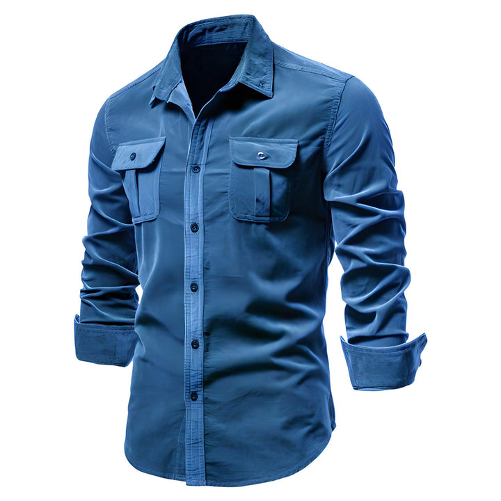 Blaues Herrenhemd aus Cord, einreihig, 100% Baumwolle, Business Casual Mode.