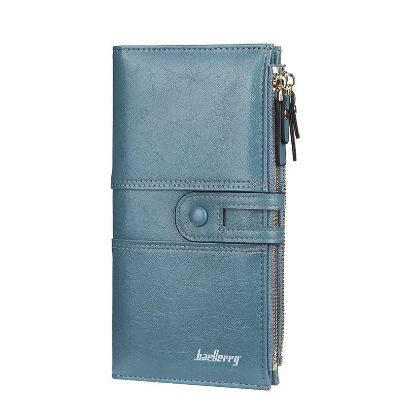 Blaue Damen-Geldbörse aus Leder mit Reißverschluss, modisches Design, praktische Aufbewahrung.