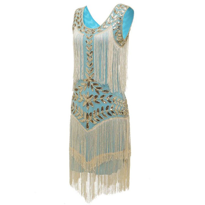 Blaues Charleston-Kleid mit goldenen Pailletten und Fransen, 1920er Jahre Vintage-Stil.