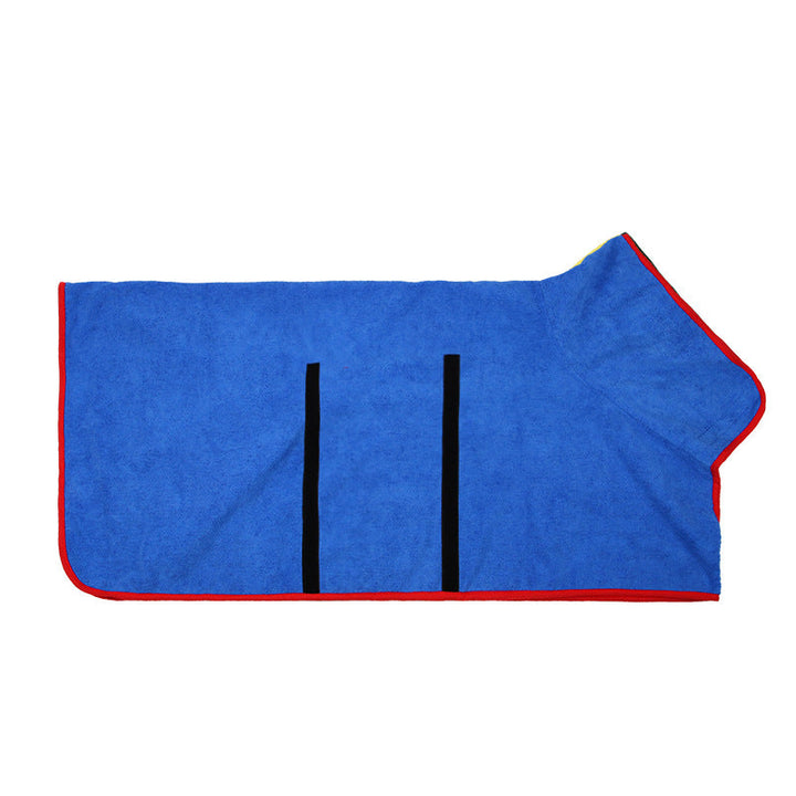 Blaues Hundebadetuch aus Mikrofaser mit rotem Rand, schnelltrocknend, ideal für Haustierpflege.
