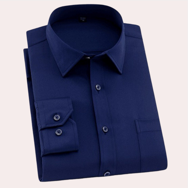 Blaues Herrenhemd, langärmelig, Baumwolle, klassischer Kragen, Business-Mode.