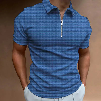 Blaues Herren-Poloshirt mit Reißverschluss, kurzärmelig, modisch, bequem, Freizeitkleidung.