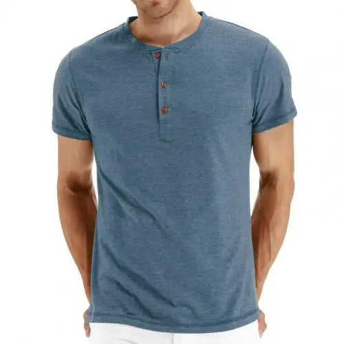 Blaues Herren-T-Shirt mit Knopfleiste, Kurzarm, Baumwolle, lässig, modisch.