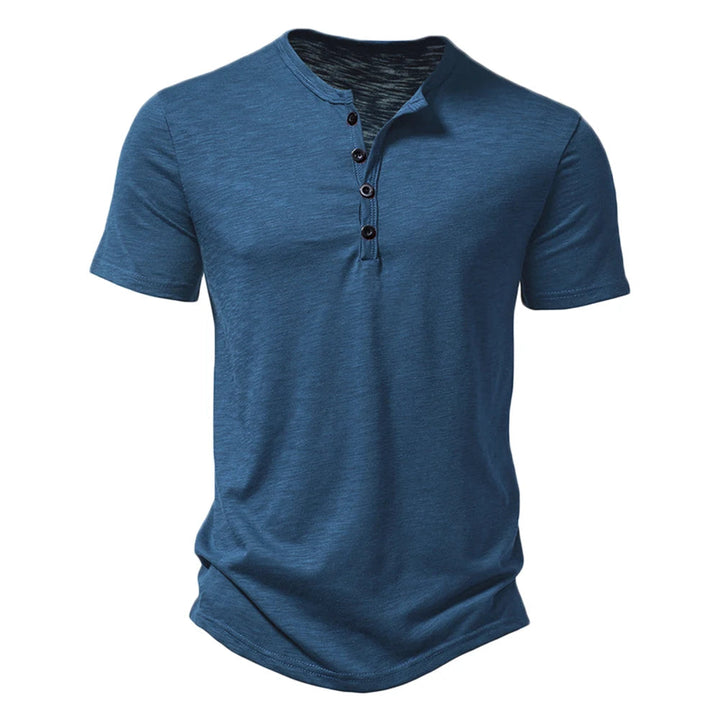 Blaues Herren-T-Shirt mit Knopfleiste, Kurzarm, Baumwolle, modisch, bequem, Freizeitkleidung.