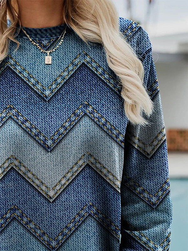 Damenpullover mit blauem Zickzackmuster, Jeansoptik, Langarm, modisch, lässig.