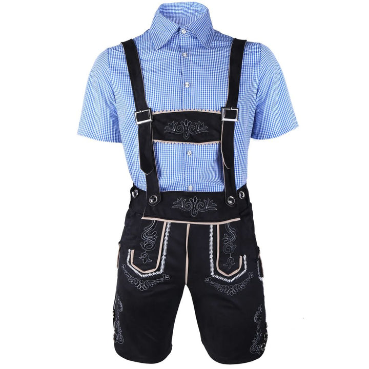 Blaues Trachtenhemd mit schwarzer Lederhose, Stickerei, traditionell, Oktoberfest, Herrenmode.
