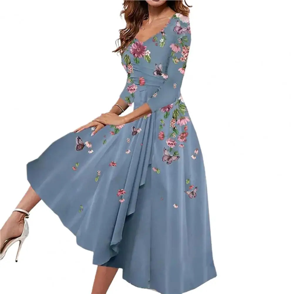 Damenkleid blau mit Blumenmuster, langärmelig, knielang, elegantes Design, Frühling/Sommermode.