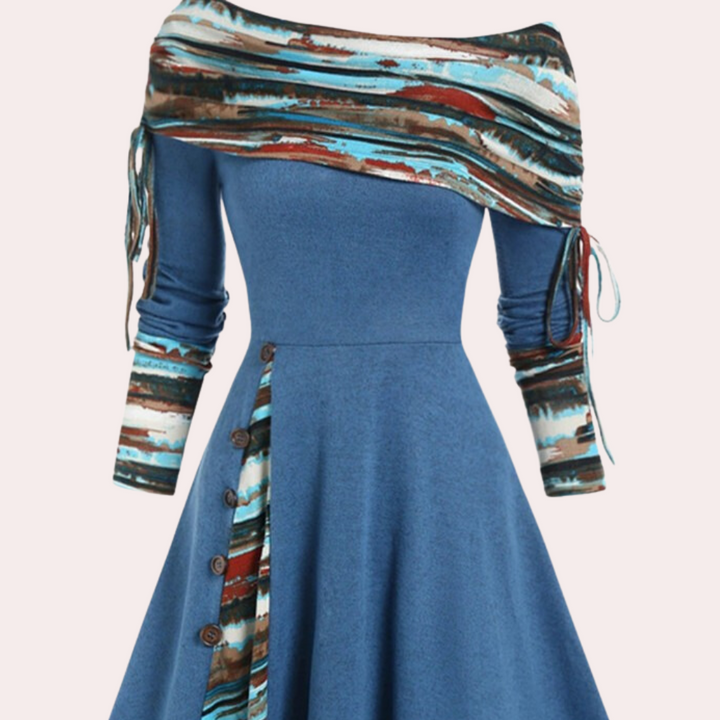 Blaues Damenkleid mit Streifenmuster, Langarm, Knopfleiste, elegantes Design.