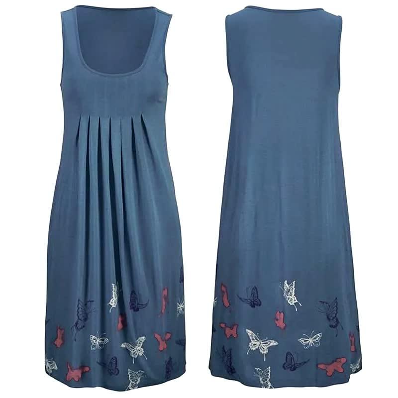 Blaues ärmelloses Kleid mit Schmetterlingsmuster, Damenmode, Sommerkleidung, Baumwolle.