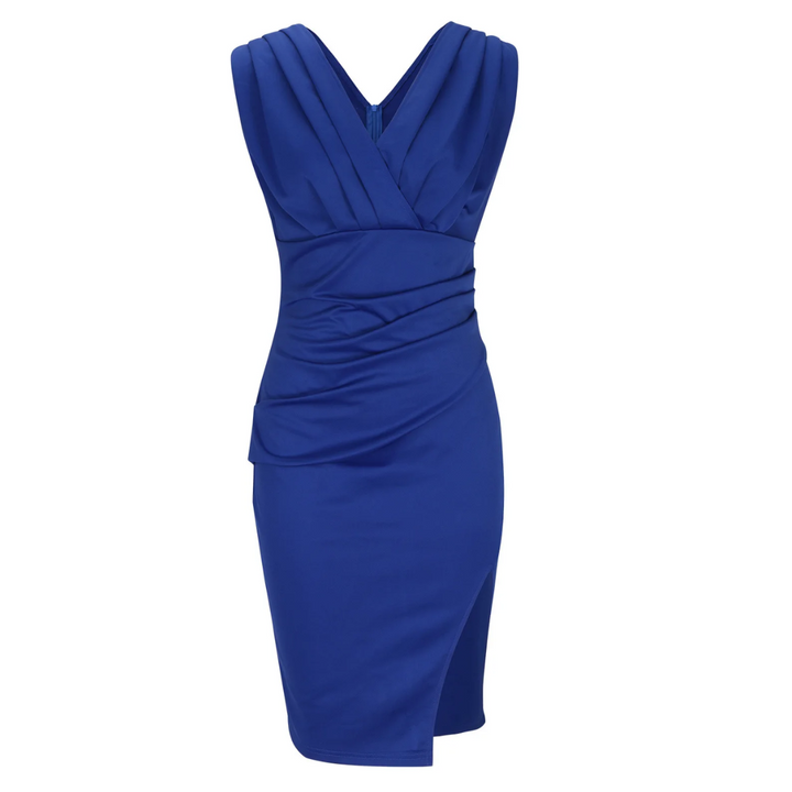 Blaues Cocktailkleid, ärmellos, V-Ausschnitt, figurbetont, elegantes Design, Damenmode.