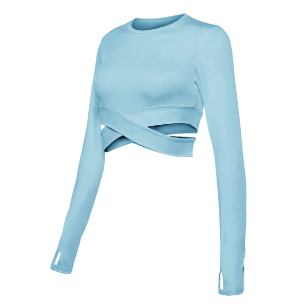Blaues Langarm-Crop-Top, Damenmode, elastisch, modisch, Freizeitkleidung, elegant.