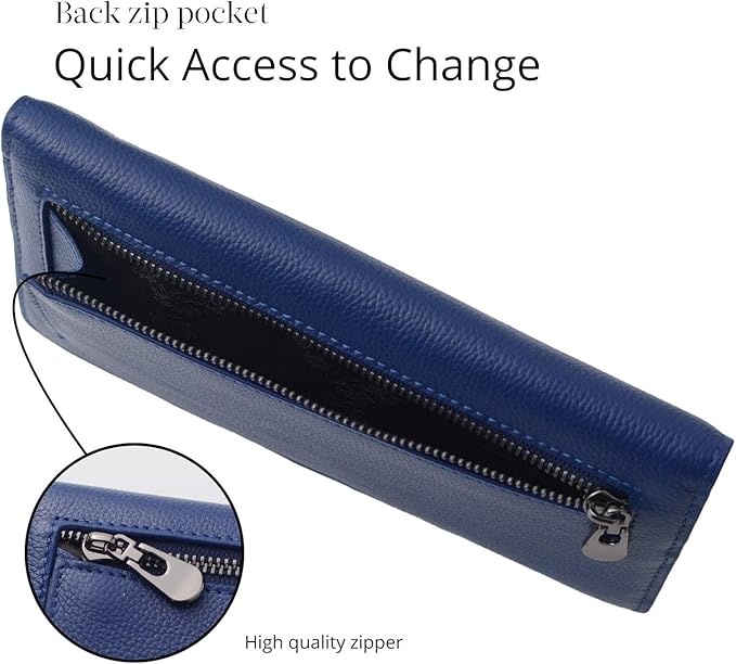Blaue Leder-Geldbörse mit Reißverschluss, schlankes Design, ideal für schnellen Zugriff.