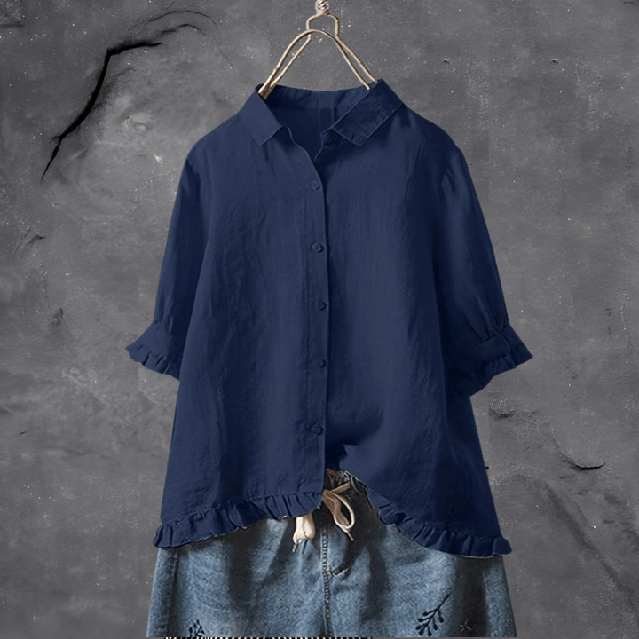 Dunkelblaues Leinenhemd für Damen, lässig, mit Rüschen, ideal für Sommermode.