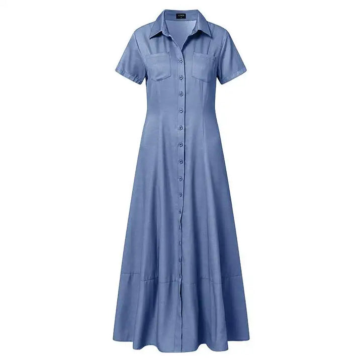 Blaues Maxikleid aus Baumwolle mit Knopfleiste und kurzen Ärmeln, elegantes Sommerkleid.