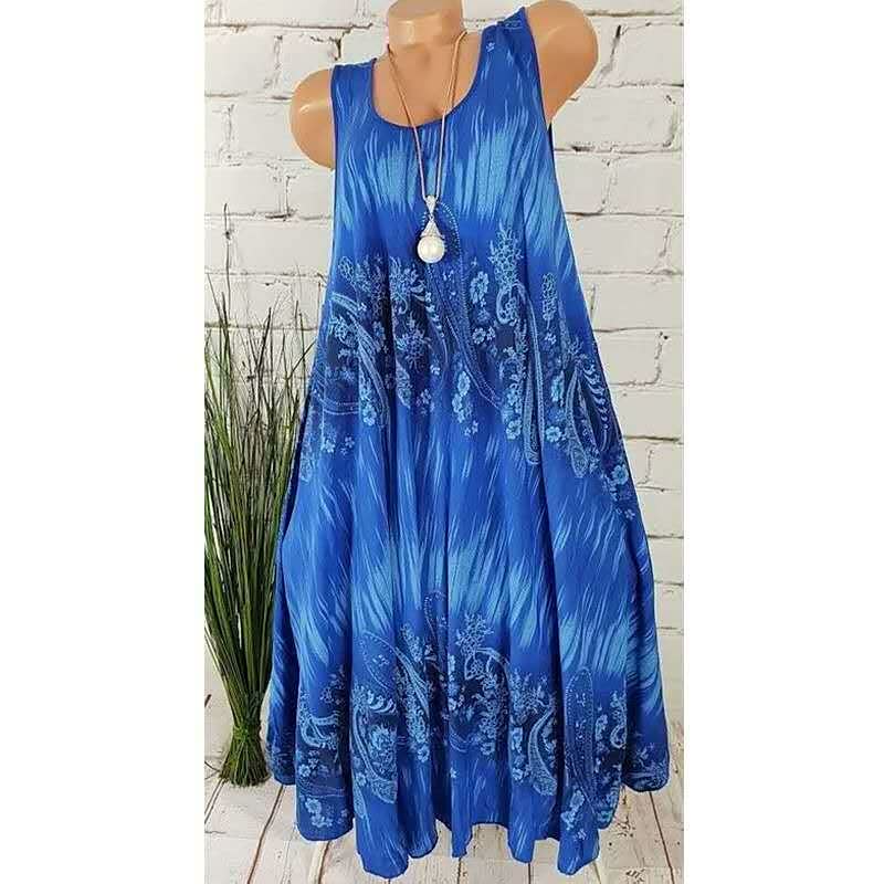 Ärmelloses blaues Sommerkleid mit Paisley-Muster, Damenmode, lässig, Baumwolle, Boho-Stil.