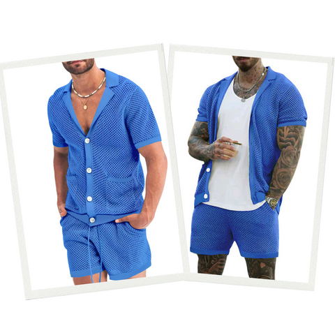 Blaues Herren-Shorts-Set, Strickmaterial, Sommermode, Freizeitkleidung, Knopfleiste.