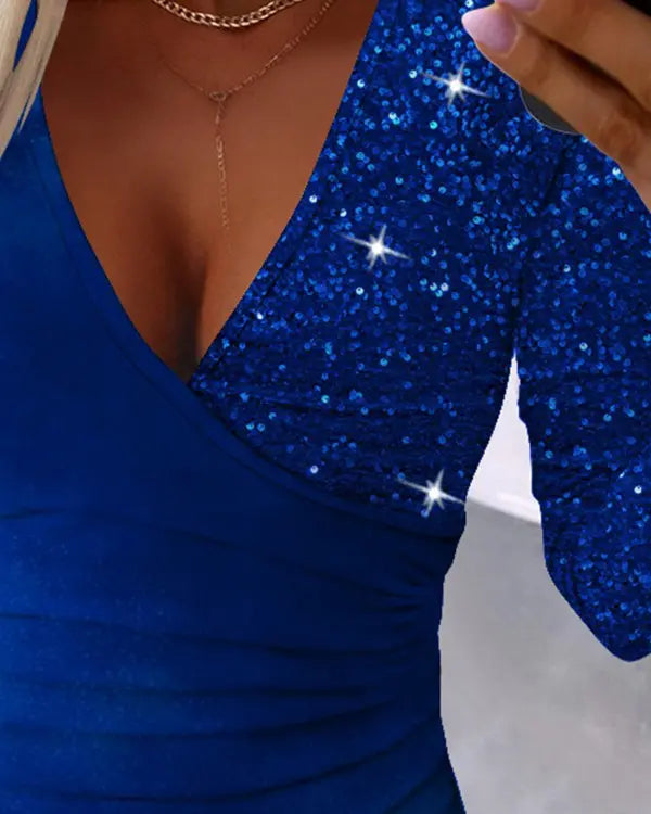 Blaue Paillettenkleid Damen, V-Ausschnitt, langärmelig, festlich, elegant, Glitzer-Design.