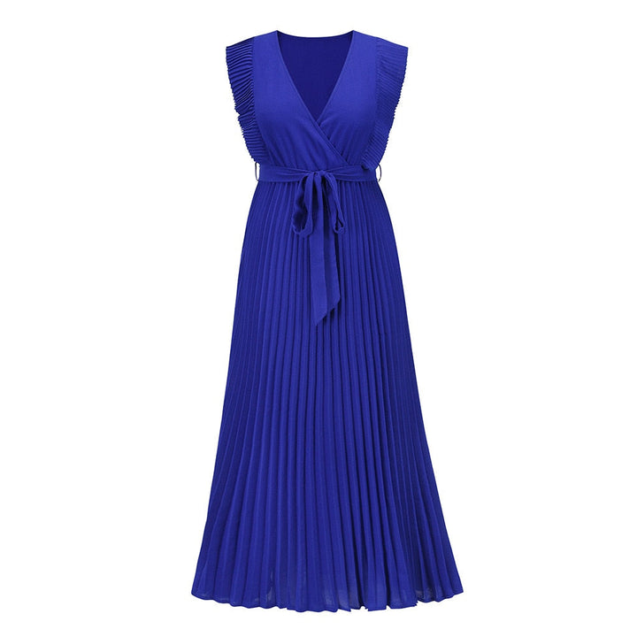 Blaues, ärmelloses, plissiertes Maxikleid mit V-Ausschnitt und Taillengürtel für Damen.