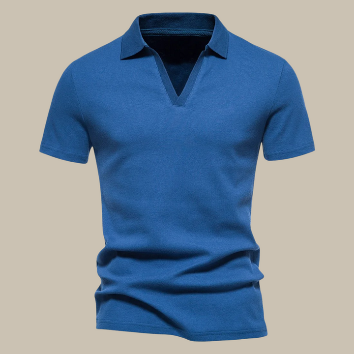 Blaues Herren-Poloshirt aus Baumwolle, kurzärmelig, klassischer Kragen, Freizeitmode.