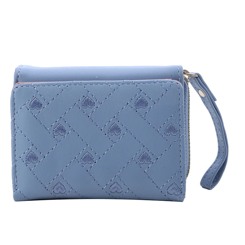 Blaue Damen-Geldbörse aus Leder mit Reißverschluss, gewebtes Muster, kompakt, modisch.