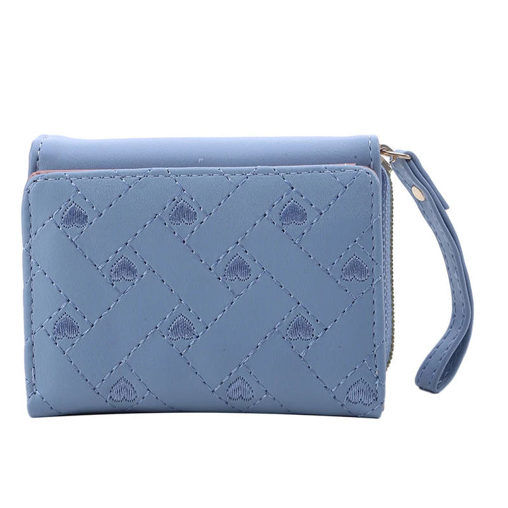 Blaue Damen-Geldbörse aus Leder mit Reißverschluss, gewebtes Muster, kompakt, modisch.