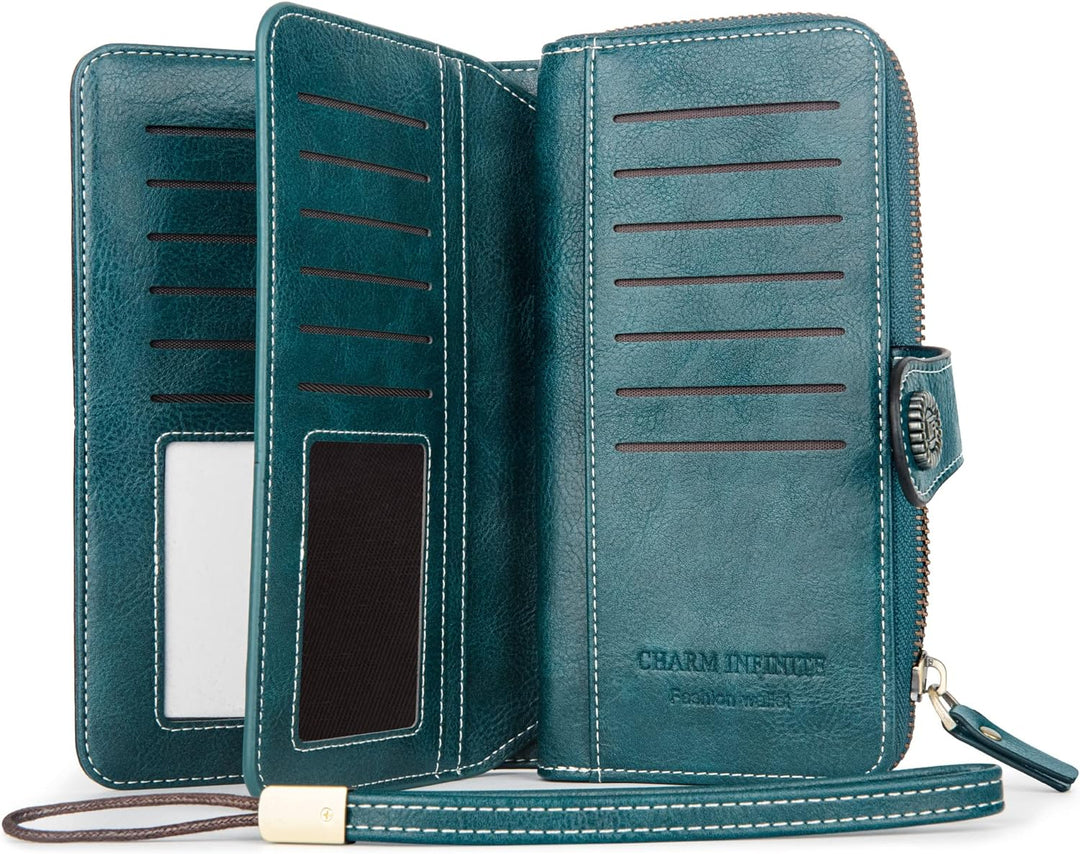 Blaue Leder-Geldbörse mit Reißverschluss, Kartenfächern und Armband für Damen.