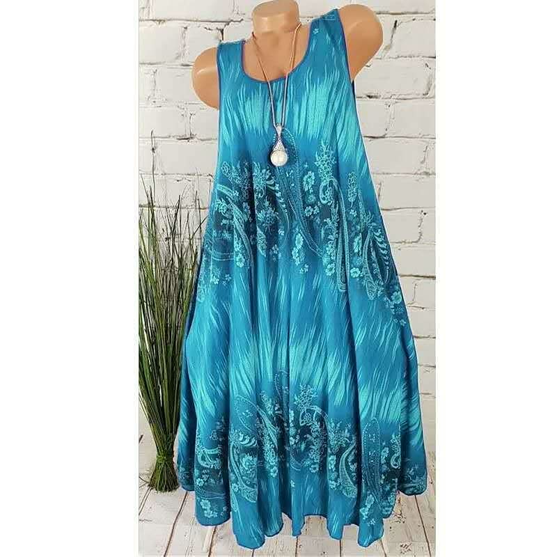 Ärmelloses blaues Sommerkleid mit Paisley-Muster, Damenmode, lässig, leicht, Baumwolle.
