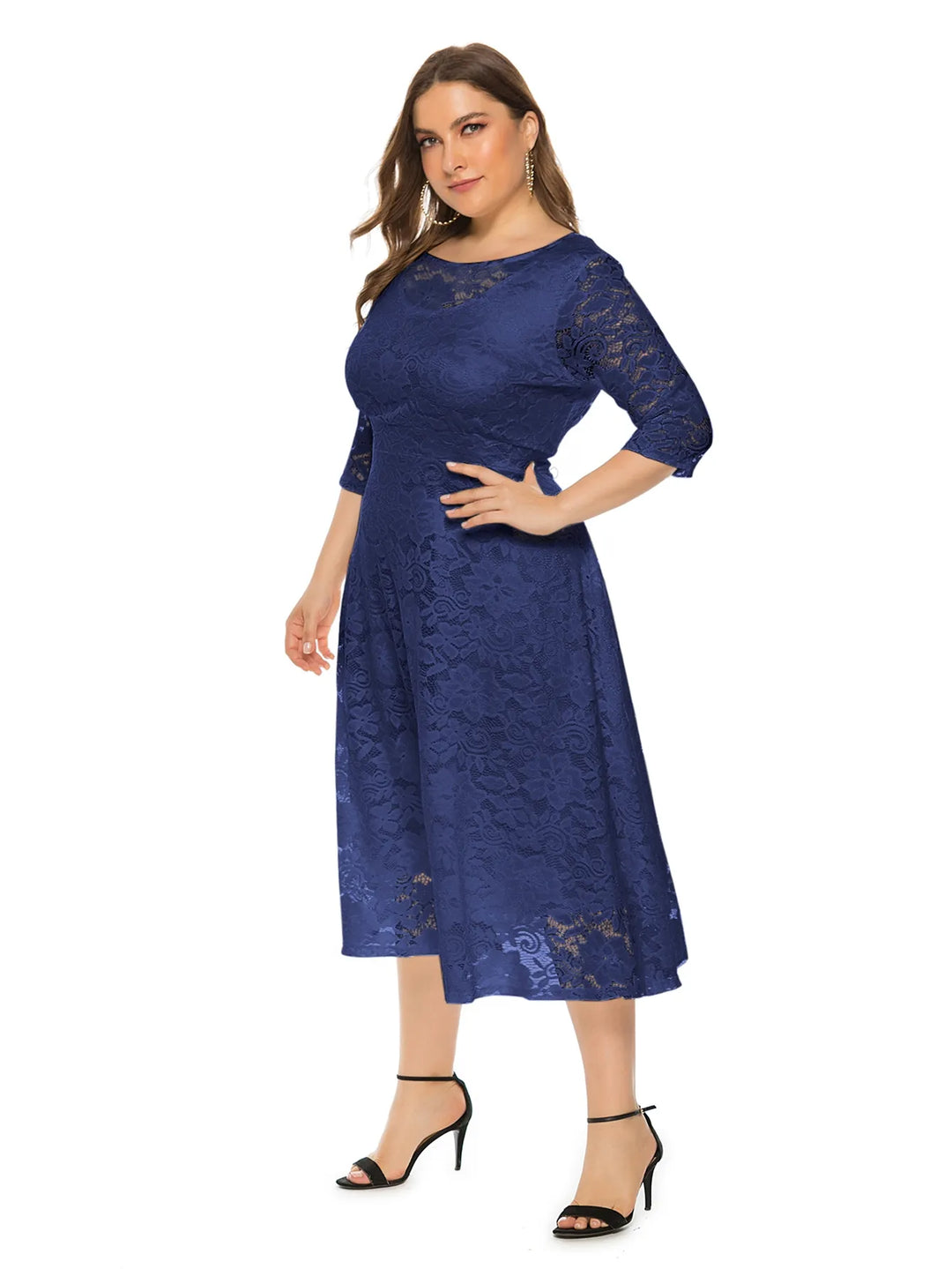 Damen Midikleid aus blauer Spitze, dreiviertel Ärmel, elegantes Design, Abendmode.