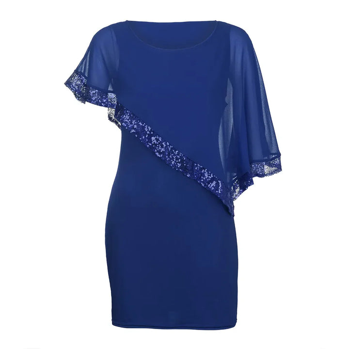 Blaues Damenkleid mit Spitze, asymmetrischer Ärmel, elegantes Design, Abendmode.