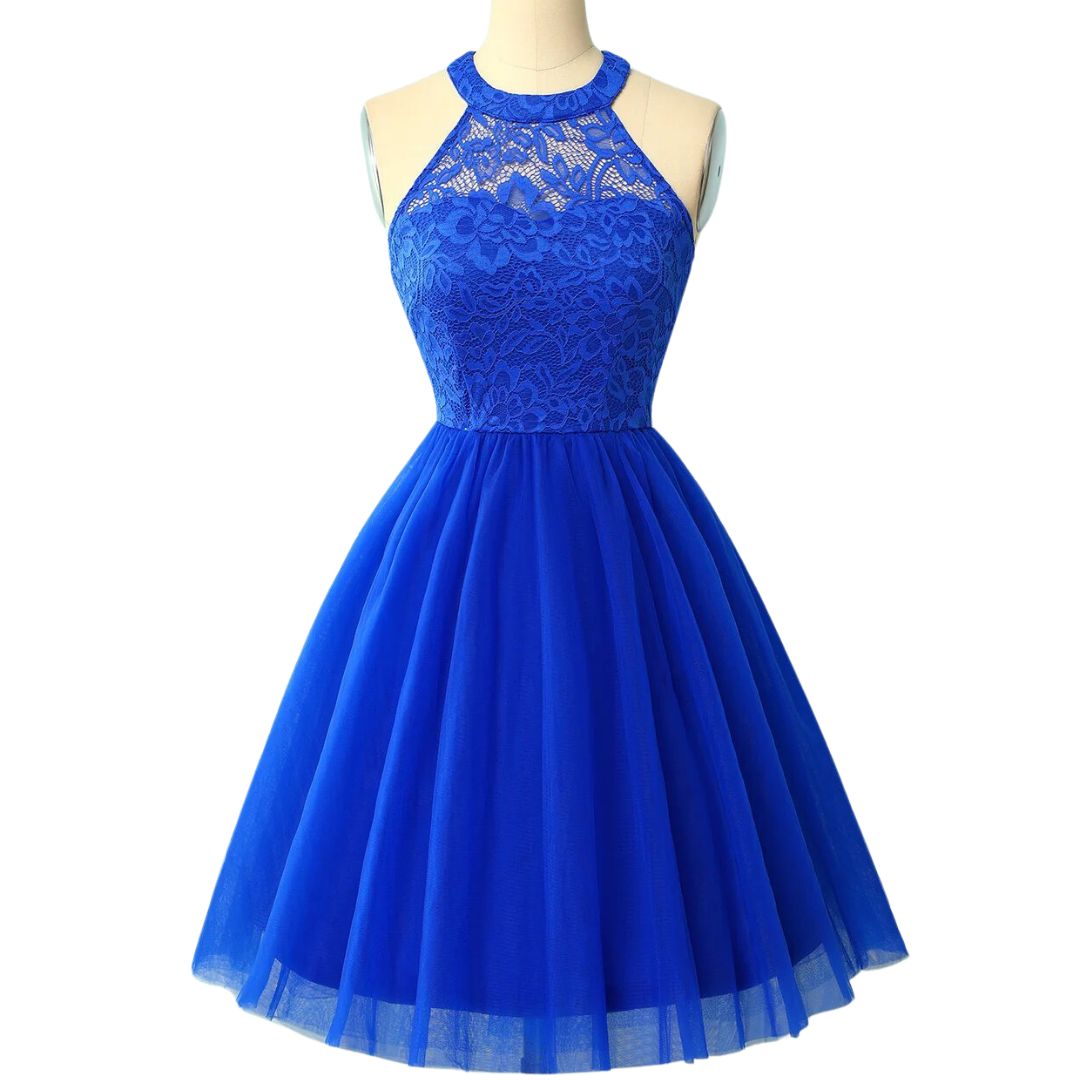Blaues Spitzenkleid Damen, ärmellos, knielang, elegantes Design, ideal für Partys.