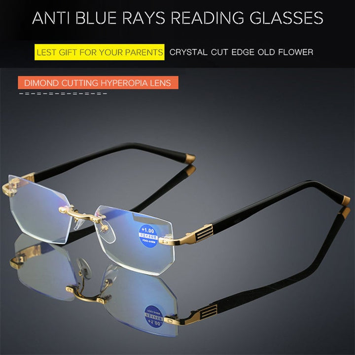 Brille gegen Blaulicht, randlos, schwarz-gold, Lesebrille, Diamantschliff, Hyperopie-Linsen.