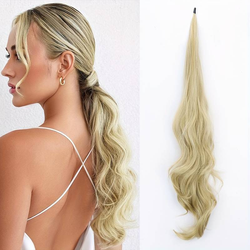 Blonde Clip-In-Pferdeschwanzverlängerung, wellig, synthetisch, für stilvolle Frisuren.