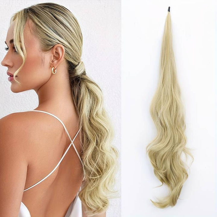 Blonde Clip-In-Pferdeschwanzverlängerung, wellig, synthetisch, für stilvolle Frisuren.