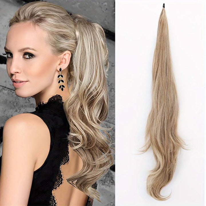 Blonde Clip-In-Pferdeschwanzverlängerung, lockig, synthetisch, lang, für Damenfrisuren.