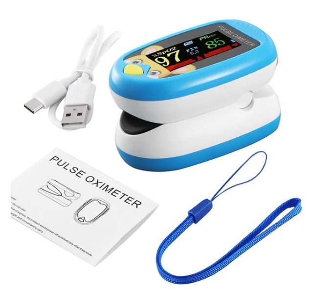 Blauer Pulsoximeter mit USB-Kabel, Anleitung und Trageschlaufe, Finger-Pulsmesser.